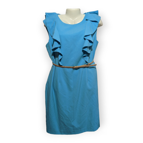 Calvin Klein Light Blue Silver Belted Short Sleeve Ruffle Sheath Dress 16 - Picture 1 of 8
